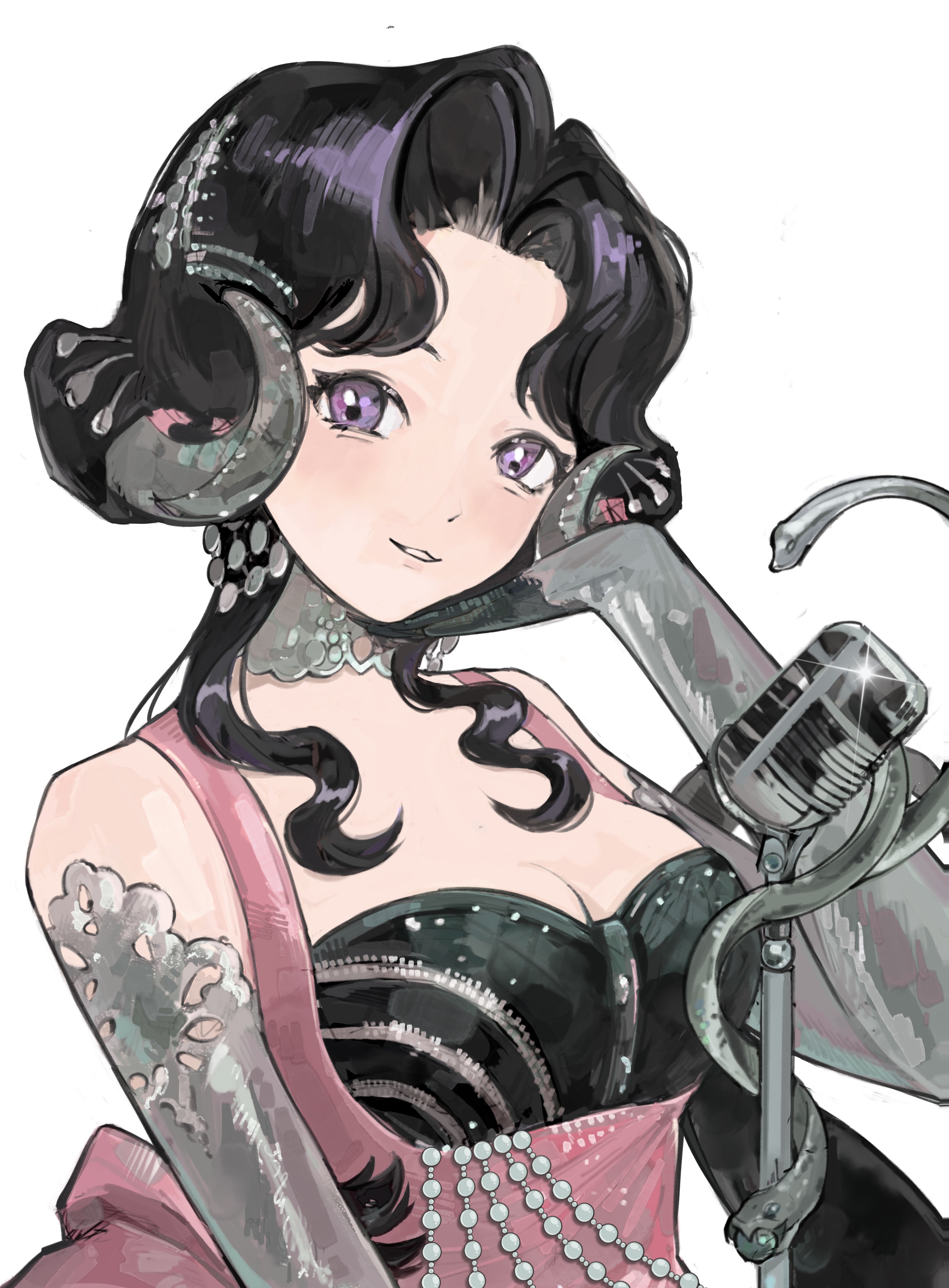anjo nala, reverse:1999, absurdres, highres, 1girl, bare shoulders, black hair, breasts, choker, cleavage, curled horns, dress, elbow gloves, gloves, grey choker, grey gloves, grey horns, hand on own face, hand up, horns, large breasts, long hair, low horns, microphone, microphone stand, parted lips, phennd, pink dress, purple eyes, sleeveless, sleeveless dress, solo, upper body, vintage microphone, white background