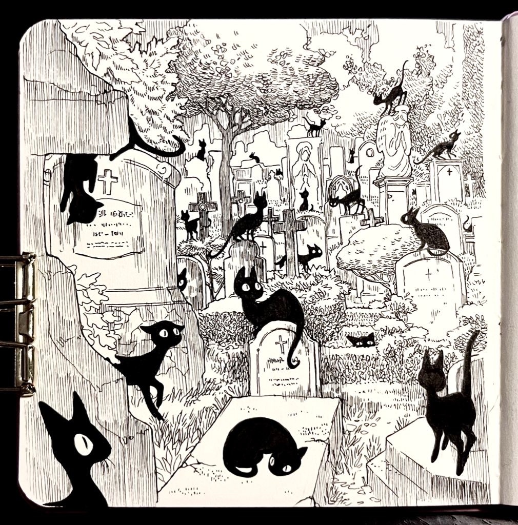 fleebites, original, ears back, commentary, english commentary, photo (medium), traditional media, angel, animal, animal focus, black cat, cat, cross, ears down, ears up, grass, graveyard, greyscale, hatching (texture), ink, inktober, linear hatching, lying, monochrome, outdoors, plant, scenery, sitting, sitting on tombstone, slit pupils, standing, statue, tombstone, too many, too many cats, tree, wide-eyed
