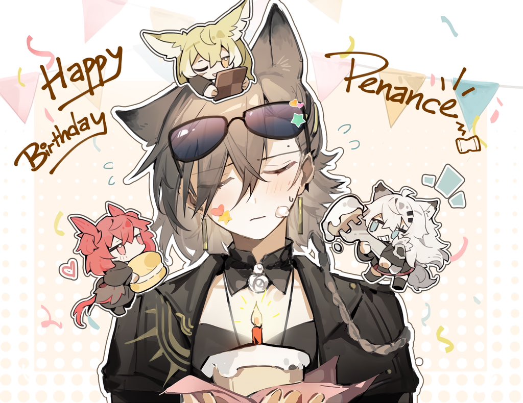 akechi (826988799), fiammetta (arknights), lappland (arknights), penance (arknights), vulpisfoglia (arknights), arknights, 4girls, animal ears, birthday cake, black bow, black bowtie, black jacket, blonde hair, blue eyes, blush, bow, bowtie, brown hair, cake, candle, chibi, closed eyes, closed mouth, confetti, eyewear on head, food, food on face, fox ears, fox girl, grey hair, hair between eyes, hair ornament, heart, holding, holding food, jacket, jewelry, long hair, multiple girls, necklace, red eyes, red hair, scar, scar across eye, scar on face, shirt, sweatdrop, tail, upper body, white background, wolf ears, wolf girl, wolf tail