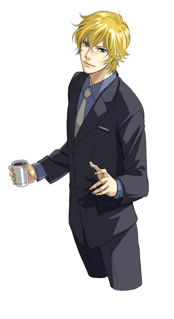 sakatsuki, graham aker, gundam, gundam 00, bad id, bad pixiv id, 00s, 1boy, blonde hair, coffee, cowboy shot, cropped legs, formal clothes, green eyes, male focus, necktie, short hair, solo, suit