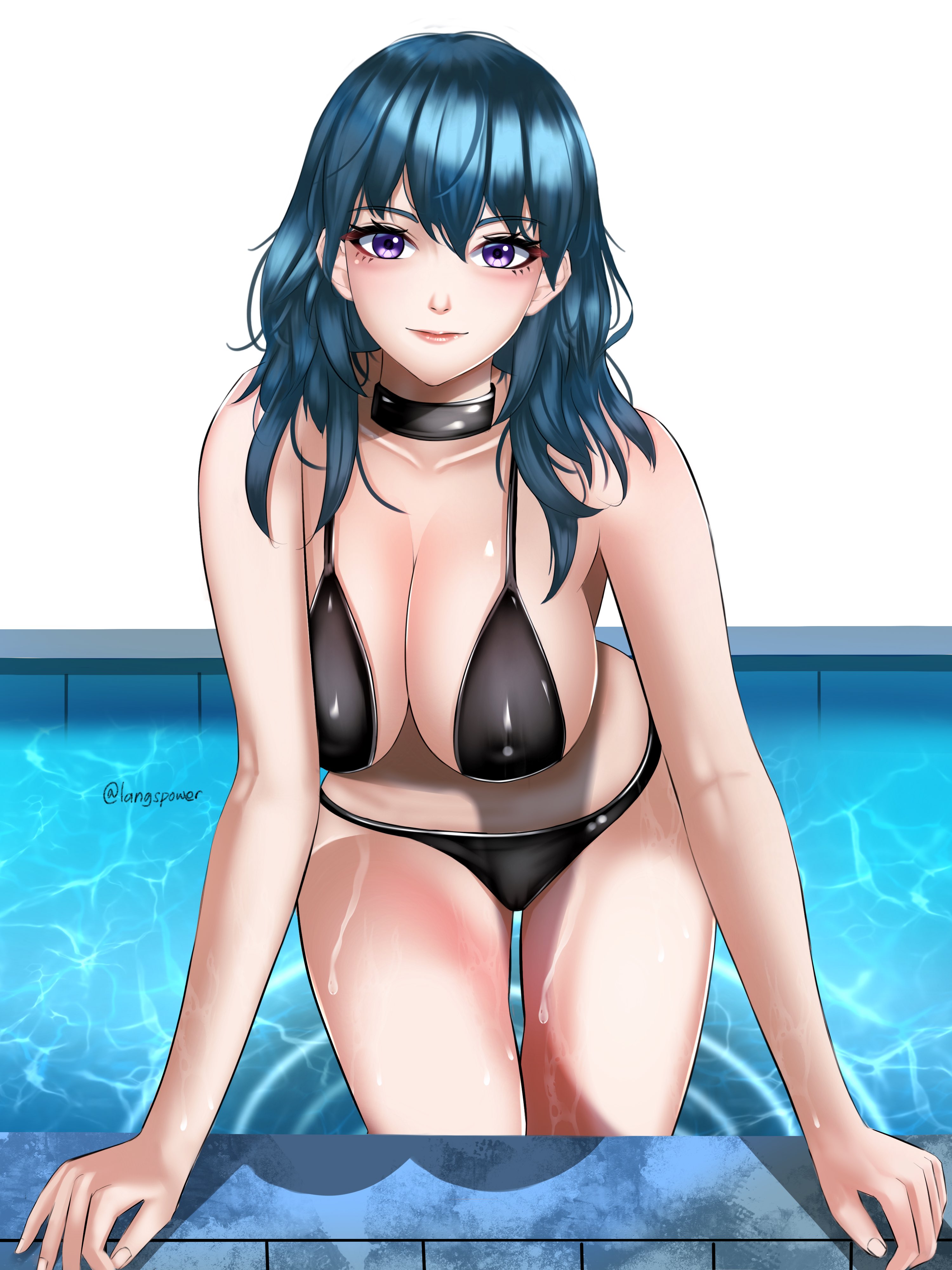 langspower, female byleth (fire emblem), fire emblem, fire emblem: three houses, nintendo, absurdres, highres, 1girl, alternate costume, armpits, bare shoulders, bikini, black bikini, black choker, blue eyes, blue hair, blush, breasts, choker, cleavage, closed mouth, collarbone, covered erect nipples, large breasts, long hair, looking at viewer, navel, pool, sideboob, smile, solo, stomach, swimsuit, thighs, water, wet, wide hips