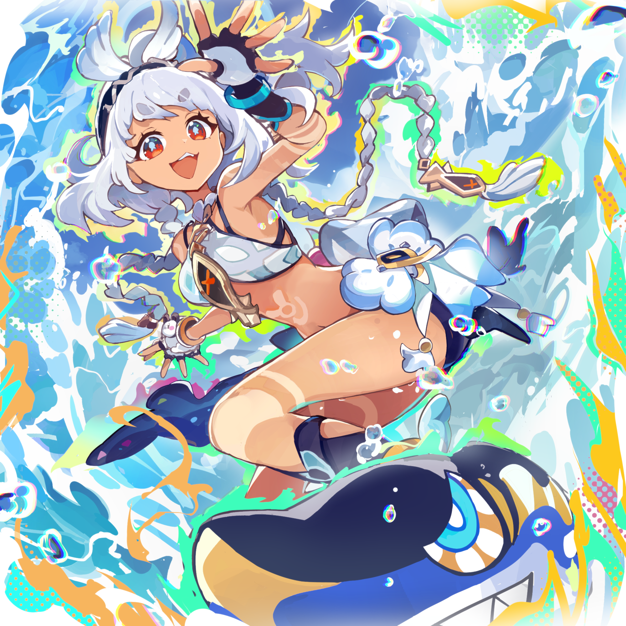 k3nzoteruta, mualani (genshin impact), genshin impact, highres, 1girl, bikini, braid, breasts, fingerless gloves, fish-shaped pupils, gloves, long hair, looking at viewer, medium breasts, navel, open mouth, red eyes, smile, solo, stomach, surf, surfboard, surfing, swimsuit, tan, twin braids, very long hair, white bikini, white hair