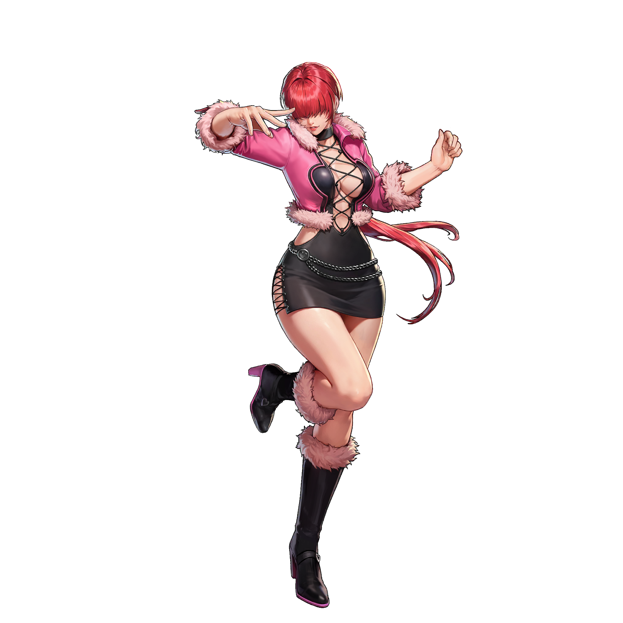 shermie (kof), the king of fighters, 1girl, boots, breasts, curvy, dress, female focus, fluffy, heart, heel up, high heels, huge breasts, jacket, large breasts, leg up, long hair, pale skin, ponytail, red hair, skirt, standing, standing on one leg, thick thighs, thighs, twintails, wide hips