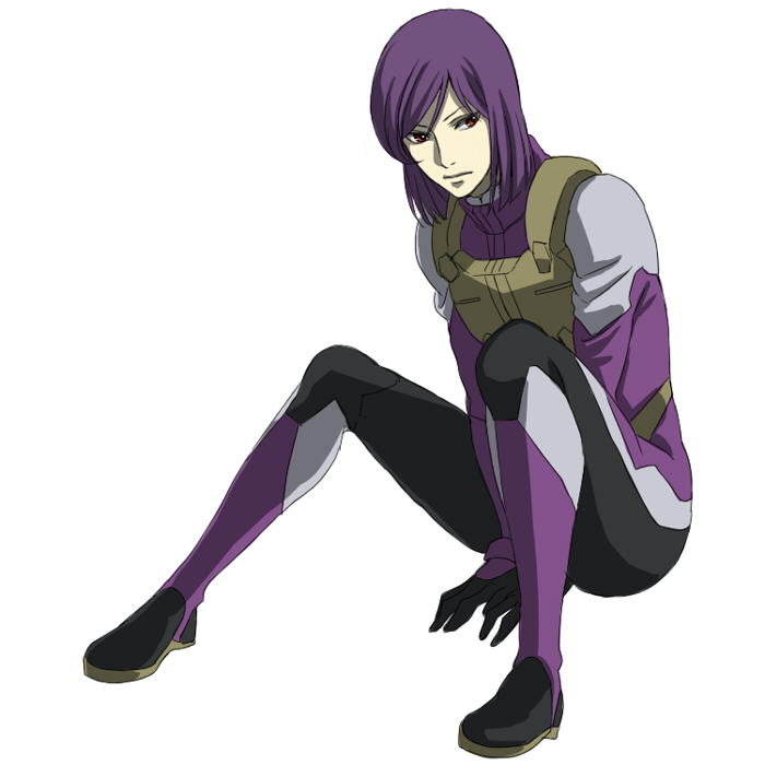 sakatsuki, tieria erde, gundam, gundam 00, pilot suit, bad id, bad pixiv id, 00s, 1boy, bodysuit, expressionless, flak jacket, full body, jacket, looking to the side, male focus, purple hair, red eyes, short hair, simple background, sitting, solo, white background