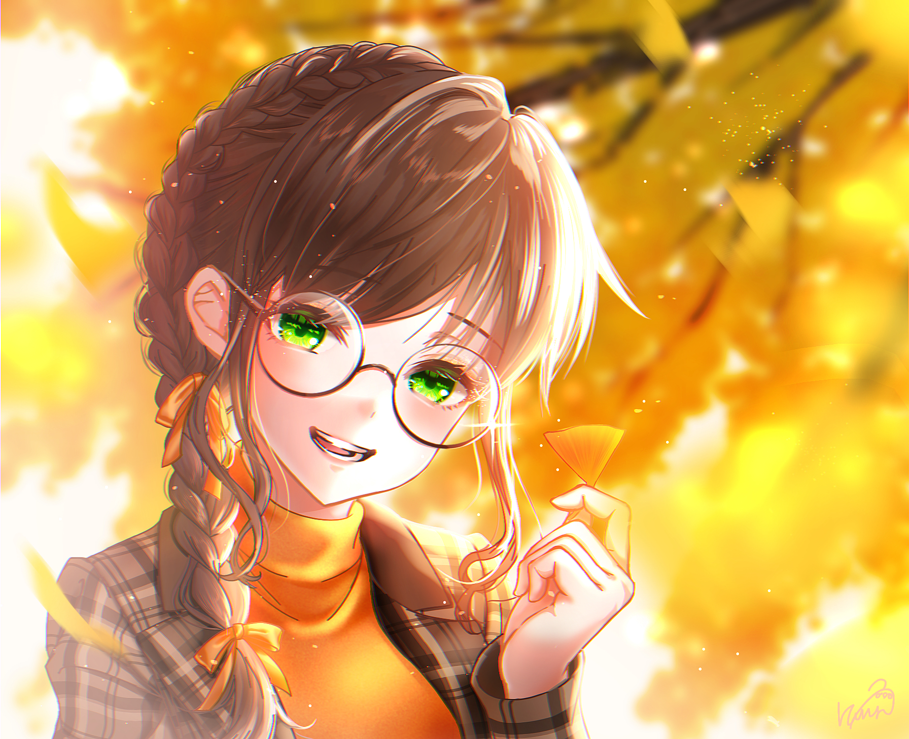 satori suzuha, original, commentary request, highres, 1girl, autumn, bow, braid, brown hair, brown jacket, green eyes, hair bow, hand up, holding, jacket, long hair, long sleeves, looking at viewer, open clothes, open jacket, open mouth, orange bow, orange sweater, orange theme, outdoors, plaid clothes, plaid jacket, round eyewear, smile, solo, sweater, turtleneck, turtleneck sweater, upper body