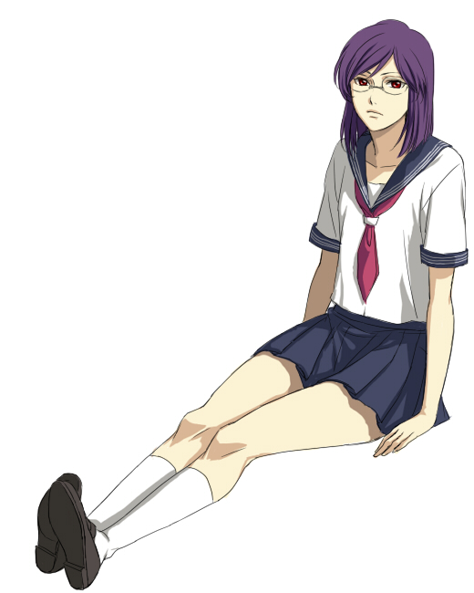 sakatsuki, tieria erde, gundam, gundam 00, bad id, bad pixiv id, 00s, 1boy, glasses, kneehighs, male focus, purple hair, red eyes, school uniform, serafuku, short hair, skirt, socks, solo, trap