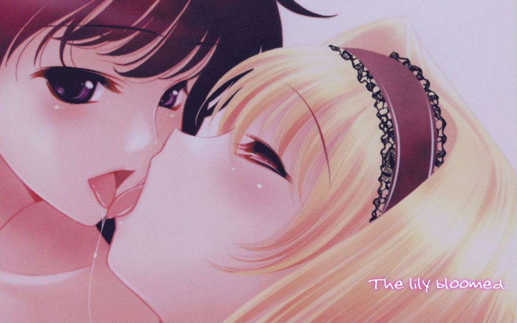 2girls, black hair, blonde hair, blush, brown hair, closed eyes, hairband, kiss, multiple girls, purple eyes, saliva, saliva trail, tongue, yuri