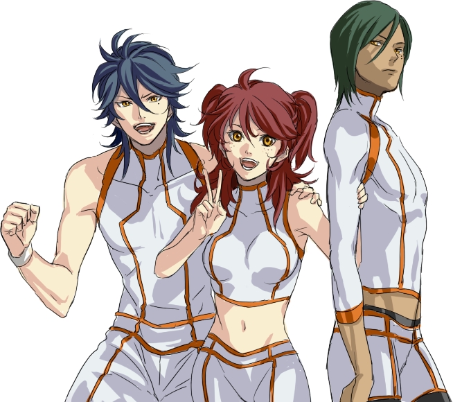 sakatsuki, johann trinity, michael trinity, nena trinity, gundam, gundam 00, bad id, bad pixiv id, 00s, 1girl, 2boys, blue hair, brother and sister, brothers, freckles, green hair, multiple boys, red hair, siblings, two side up, yellow eyes