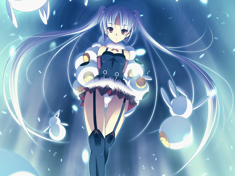 m&m, nada (dungeon crusaderz), atelier kaguya, dungeon crusaderz, dungeon crusaderz 2, dungeon crusaderz 2 eternal paradise, game cg, 1girl, blue hair, collar, detached sleeves, doll, female focus, flat chest, garter belt, long hair, panties, pantyshot, snow, solo, thighhighs, twintails, underwear, upskirt, very long hair, white panties