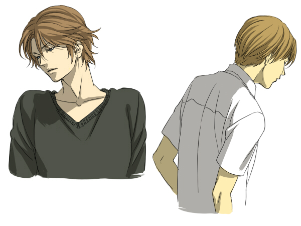 sakatsuki, atobe keigo, hiyoshi wakashi, tennis no ouji-sama, bad id, bad pixiv id, 2boys, black shirt, blonde hair, blue eyes, brown hair, collarbone, collared shirt, from behind, male focus, multiple boys, shirt, short hair, simple background, sweater, upper body, v-neck, white background, white shirt