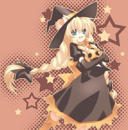 sheep (trickster), trickster (ntreev soft), lowres, 10s, animal ears, blonde hair, blue eyes, bow, braid, dress, elbow gloves, gloves, hair bow, halloween, hat, horns, jack-o'-lantern, long hair, pumpkin, ribbon, sheep ears, smile, solo, twin braids, twintails, very long hair, witch hat