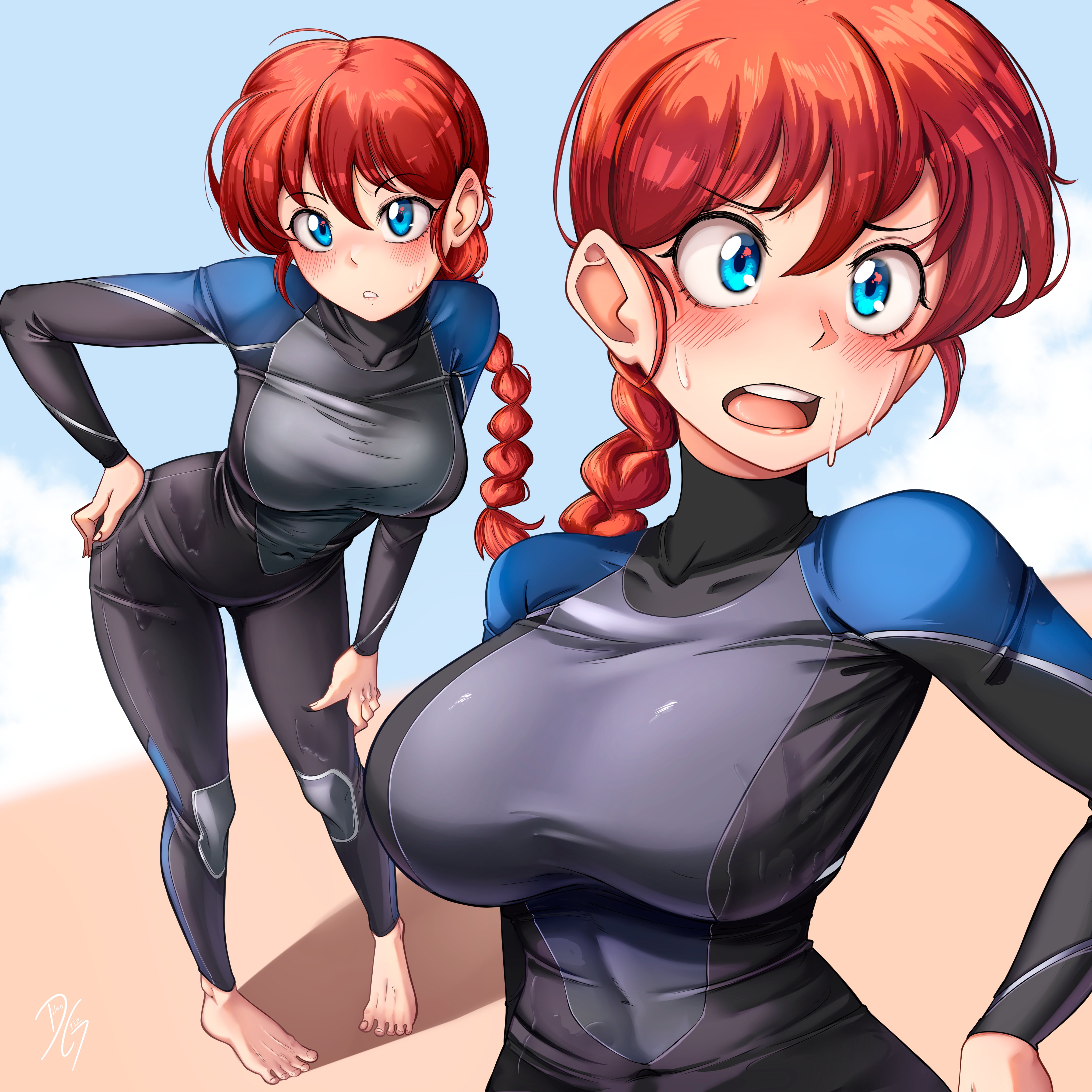 dilan griz, ranma-chan, ranma 1/2, absurdres, commentary, commission, english commentary, highres, 1girl, barefoot, black bodysuit, black wetsuit, blue eyes, blush, bodysuit, braid, braided ponytail, breasts, choppy bangs, diving suit, full body, hair between eyes, hand on own hip, large breasts, long hair, looking at viewer, multiple views, open mouth, red hair, single braid, standing, teeth, toes, turtleneck, turtleneck bodysuit, upper teeth only, wet, wetsuit