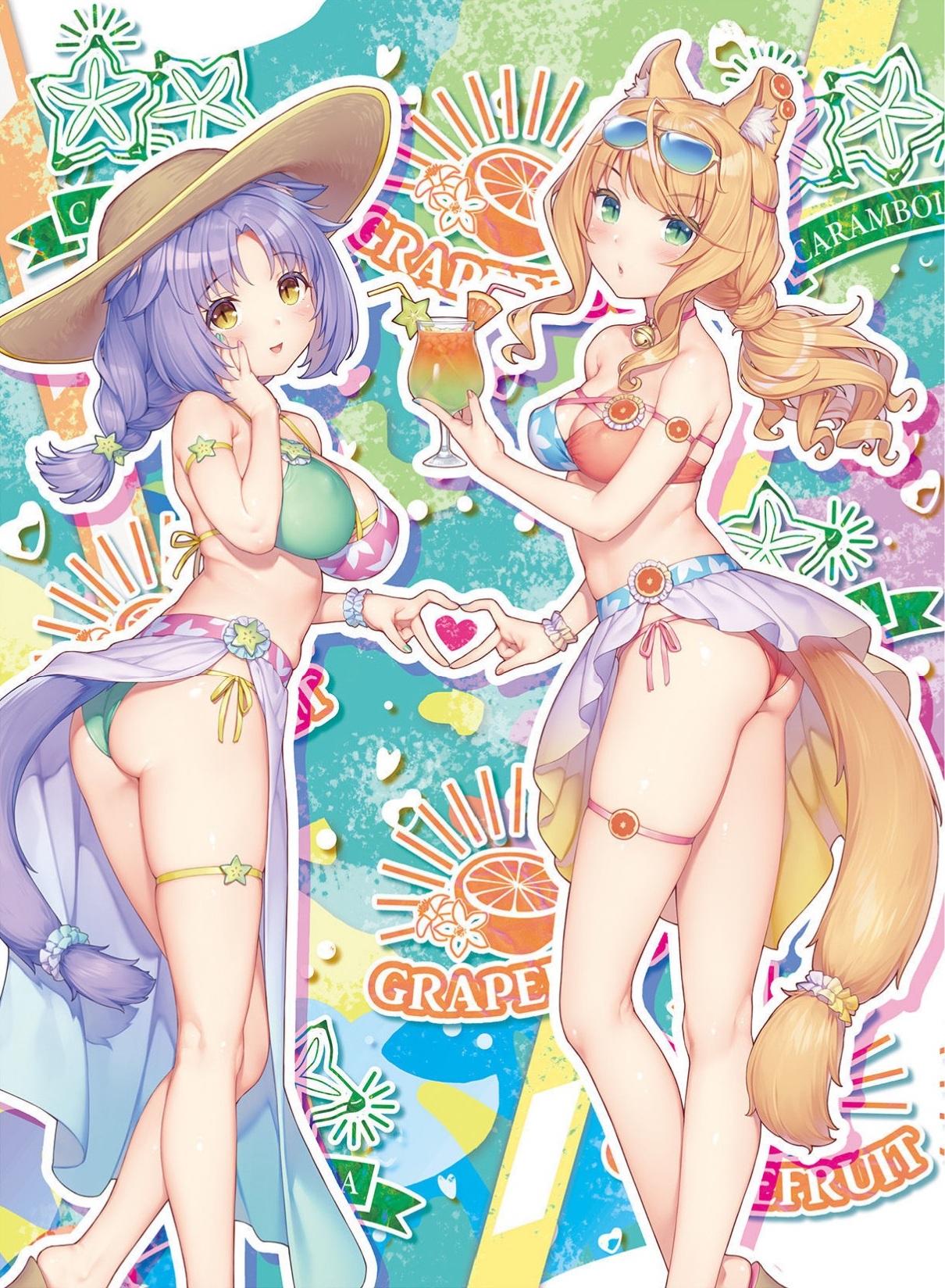 sayori (neko works), cinnamon (nekopara), maple (nekopara), nekopara, cropped, highres, non-web source, official art, 2girls, :d, alternate hairstyle, arm strap, ass, bare arms, bikini, blonde hair, braid, breasts, cat tail, cup, drill hair, drinking glass, eyes out of frame, facing viewer, flip-flops, four-finger heart hands, hand on own cheek, hand on own face, head out of frame, heart, heart hands, heart hands duo, high heels, large breasts, legs, long sleeves, medium breasts, multiple girls, open mouth, purple hair, sandals, sarong, scrunchie, side-tie bikini bottom, simple background, smile, swimsuit, tail, tail scrunchie, thigh strap, thighs, wrist scrunchie