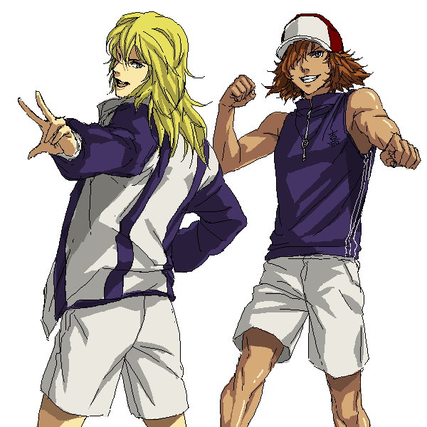 sakatsuki, hirakoba rin, kai yuujirou, yuujirou kai, tennis no ouji-sama, bad id, bad pixiv id, 2boys, baseball cap, blonde hair, coat, gym uniform, hat, jewelry, male focus, multiple boys, necklace, oekaki, orange hair, school uniform, shorts