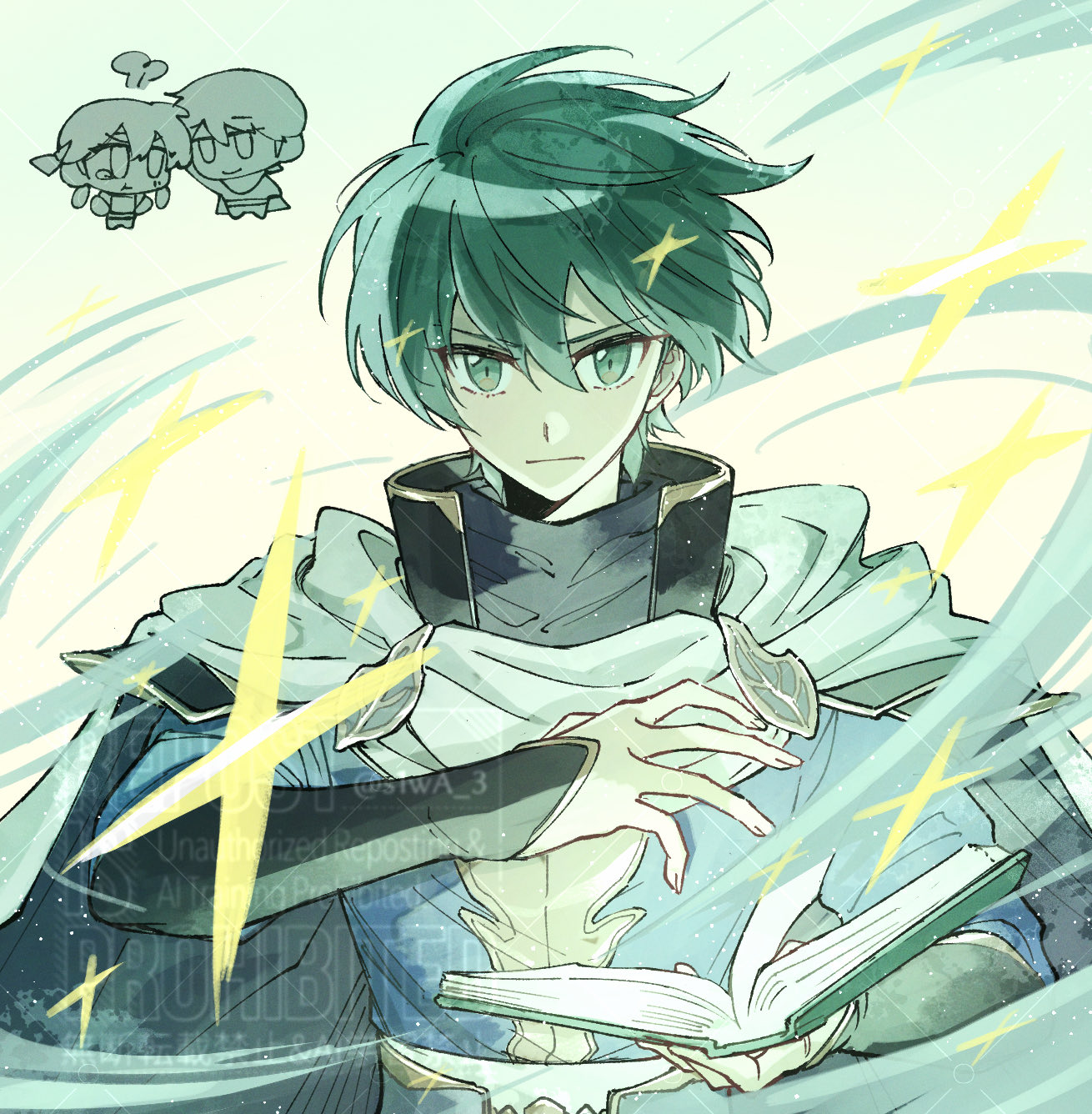 s1wa 3, ced (fire emblem), seliph (fire emblem), fire emblem, fire emblem: genealogy of the holy war, nintendo, commentary request, highres, 2boys, book, cape, casting spell, chibi, chibi inset, green eyes, green hair, holding, holding book, looking at viewer, male focus, multiple boys, solo focus, sparkle, standing, watermark