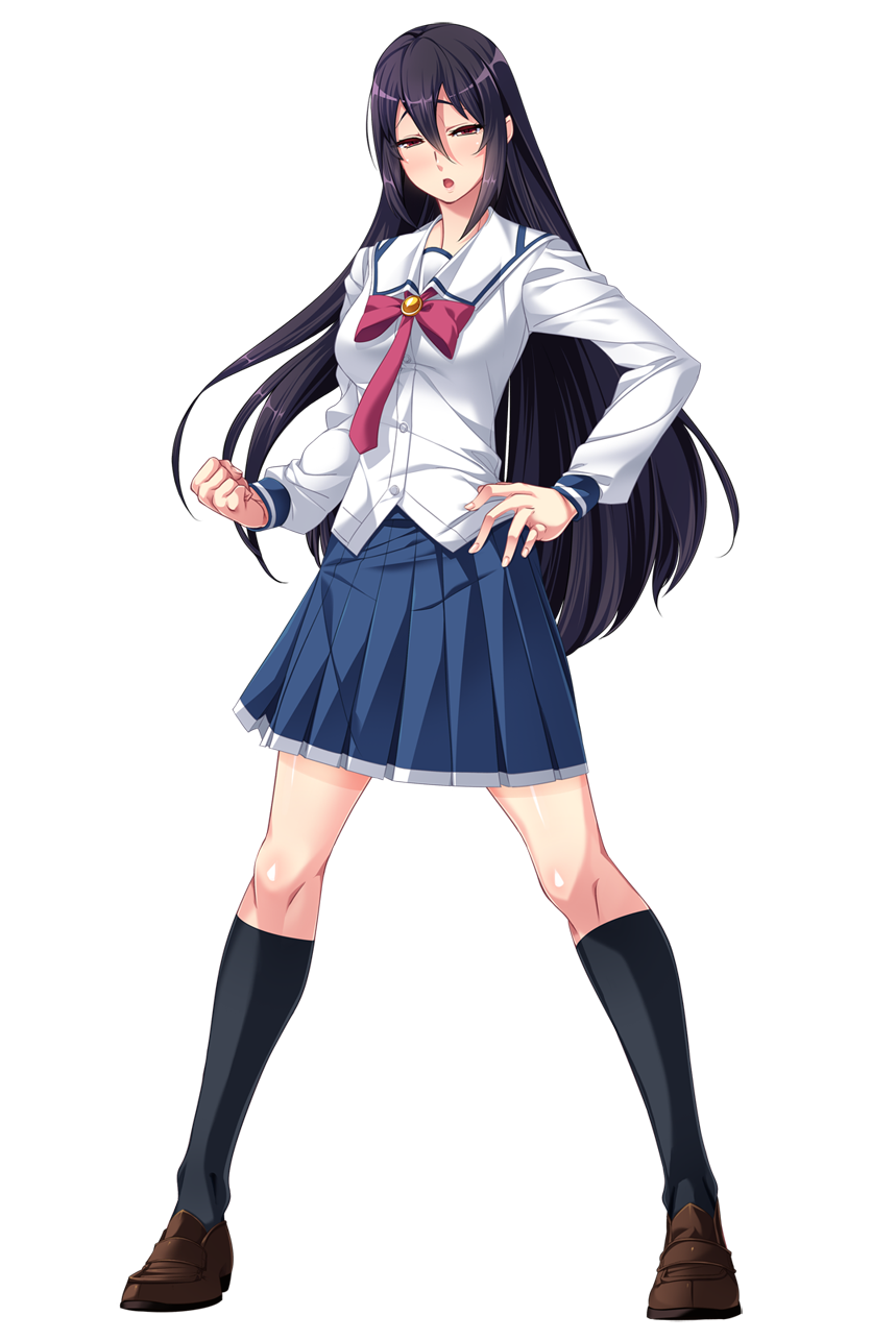 nana g, hizaki kureha, sailor element, game cg, highres, large variant set, non-web source, official art, variant set, 1girl, black hair, black socks, blue skirt, blush, brown eyes, clenched hand, full body, hair between eyes, hand on own hip, kneehighs, loafers, long hair, looking at viewer, open mouth, pleated skirt, red eyes, school uniform, shoes, skirt, socks, solo, standing, tachi-e, transparent background