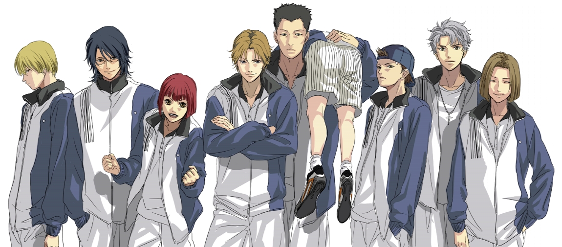 sakatsuki, akutagawa jirou, atobe keigo, hiyoshi wakashi, kabaji munehiro, mukahi gakuto, ootori choutarou, oshitari yuushi, shishido ryou, taki haginosuke, tennis no ouji-sama, bad id, bad pixiv id, 6+boys, gym uniform, jacket, male focus, multiple boys