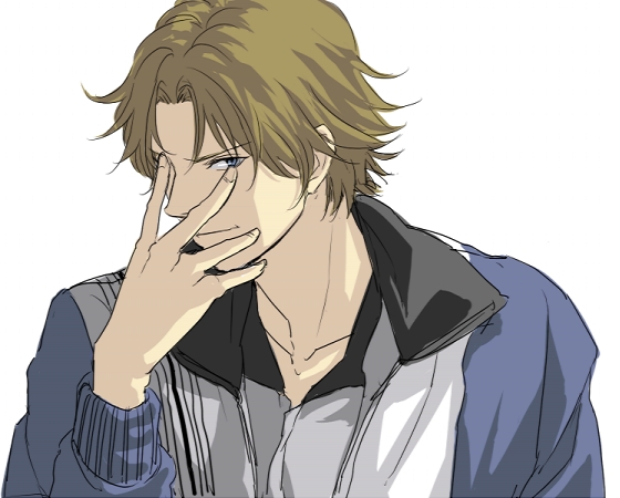 sakatsuki, atobe keigo, tennis no ouji-sama, bad id, bad pixiv id, 1boy, blonde hair, blue eyes, jacket, male focus, short hair, solo