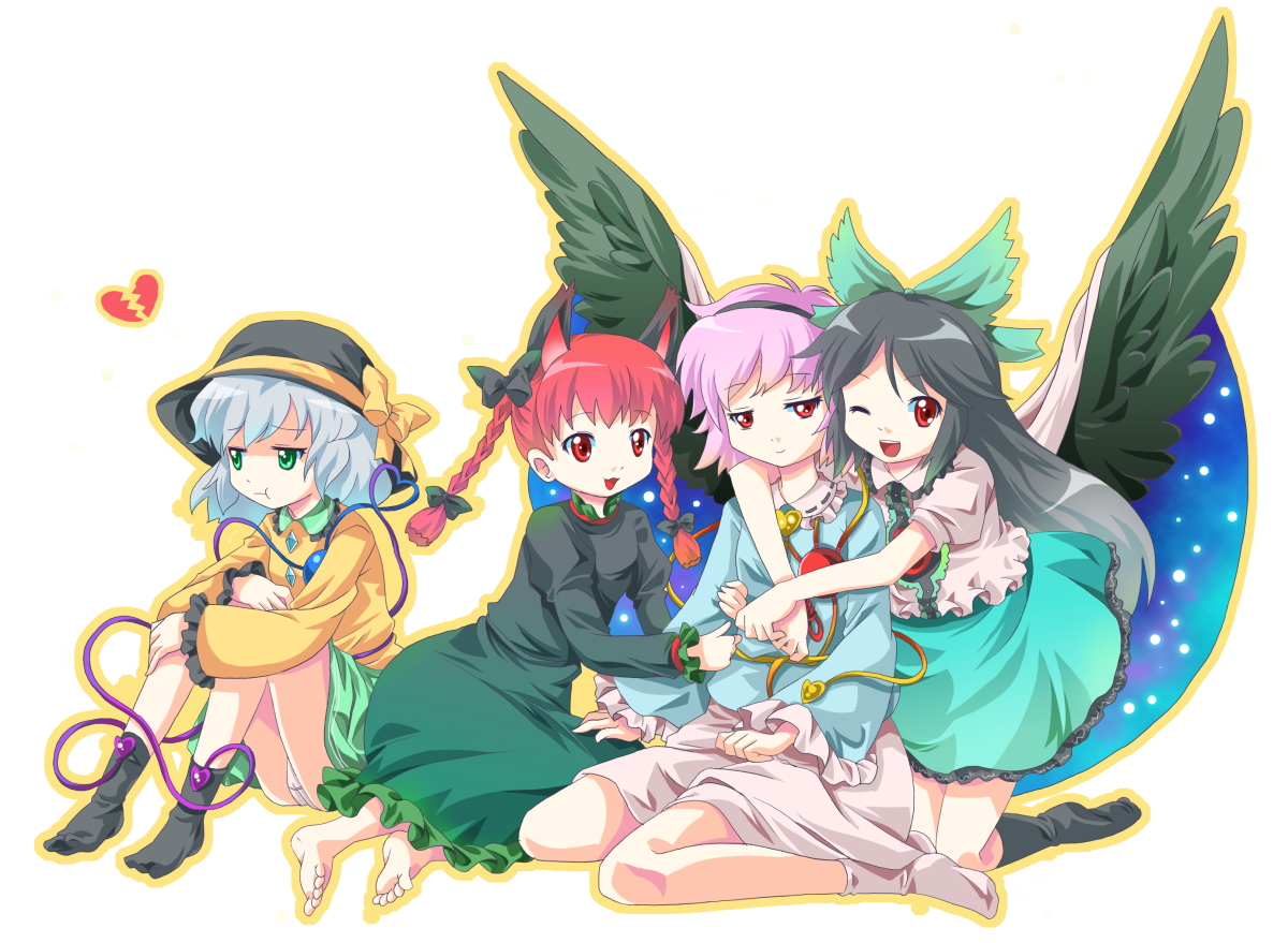 michii yuuki, kaenbyou rin, komeiji koishi, komeiji satori, reiuji utsuho, touhou, silver hair, bad id, bad pixiv id, 4girls, :3, :t, barefoot, black hair, braid, feet, female focus, green eyes, hair ribbon, hat, long hair, multiple girls, one eye closed, panties, purple hair, red eyes, red hair, ribbon, short hair, socks, twin braids, underwear, wings, wink