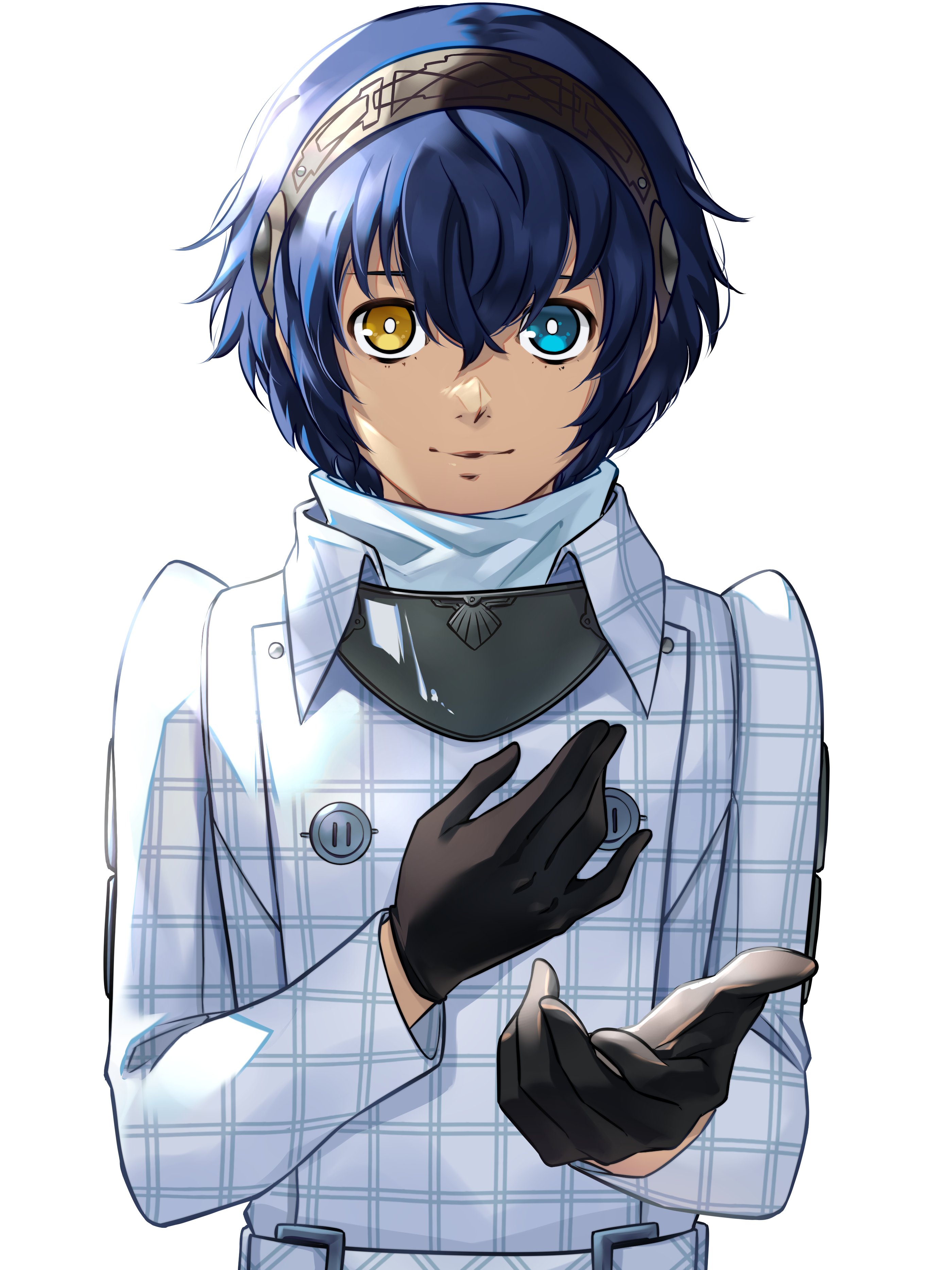 wanderstillart, protagonist (metaphor: refantazio), metaphor: refantazio, absurdres, commentary, english commentary, highres, 1boy, androgynous, black gloves, blue eyes, blue hair, bright pupils, closed mouth, gloves, hair between eyes, hairband, heterochromia, male focus, reaching, reaching towards viewer, shirt, short hair, simple background, smile, solo, straight-on, upper body, white background, white pupils, white shirt, yellow eyes