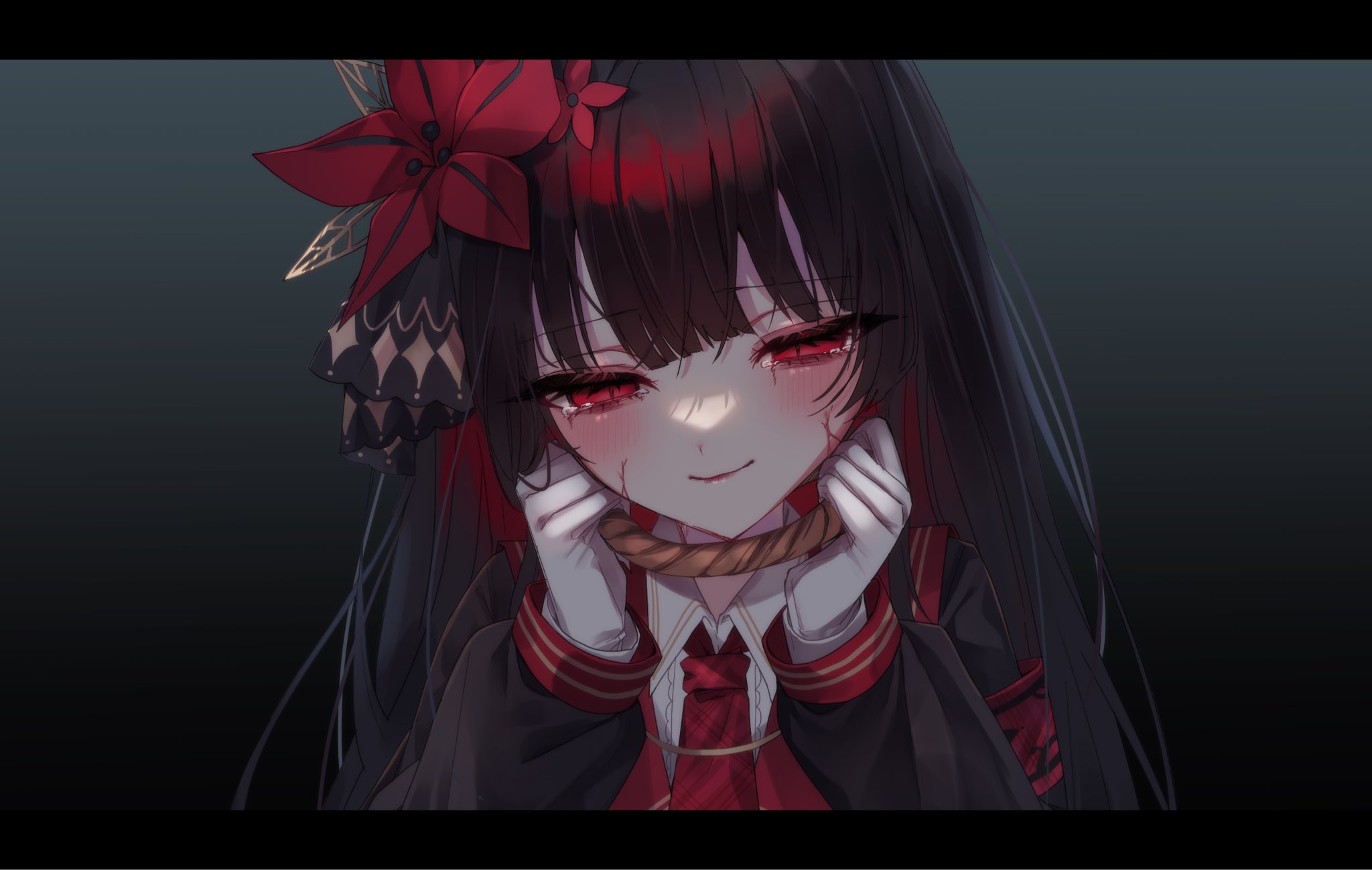 nikaido hiro, mahou shoujo no majo saiban, highres, 1girl, armband, black hair, colored inner hair, cracked skin, flower, gloves, gradient background, hair flower, hair ornament, hime cut, imminent suicide, letterboxed, light smile, long hair, magical girl, multicolored hair, necktie, noose, red armband, red eyes, red flower, red necktie, simple background, solo, tearing up, un (prmc aaa), very long hair, white gloves