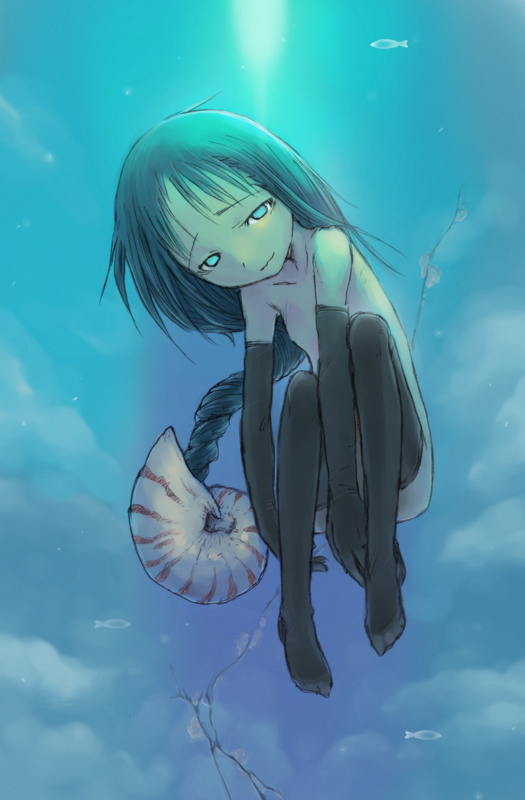 kikai (akita morgue), aqua eyes, black hair, elbow gloves, fish, flat chest, gloves, long hair, nautilus (animal), nude, ocean, shell, smirk, solo, thighhighs, underwater, very long hair, water