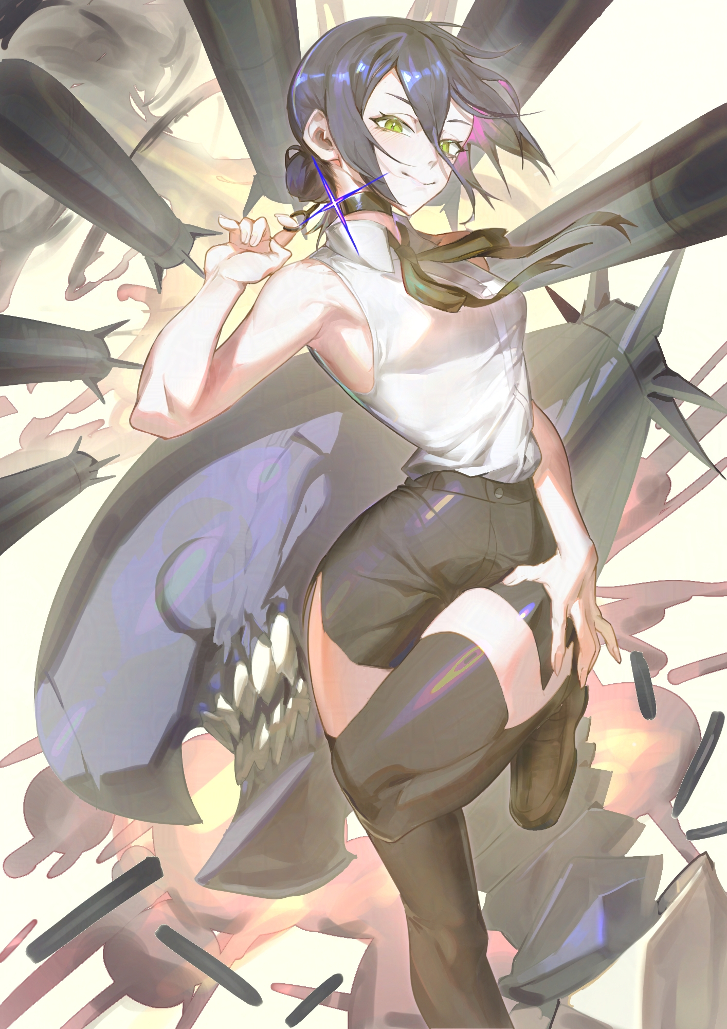 harry80779192, bomb devil (chainsaw man), reze (chainsaw man), chainsaw man, highres, 1girl, black choker, black hair, black shorts, black thighhighs, breasts, choker, closed mouth, explosion, explosion background, green eyes, grenade pin, hair between eyes, hair bun, missile, shirt, shirt tucked in, short shorts, shorts, sleeveless, sleeveless shirt, small breasts, smile, thighhighs