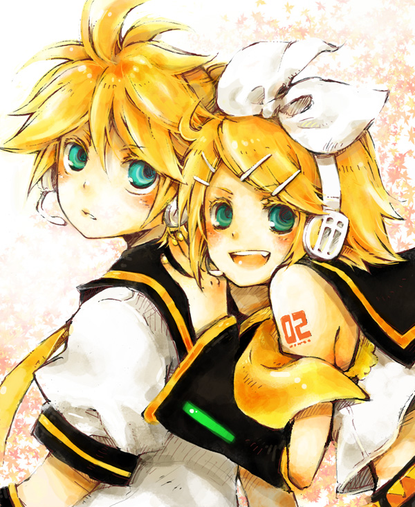 yukkii, kagamine len, kagamine rin, vocaloid, 1boy, 1girl, brother and sister, happy, siblings, twins