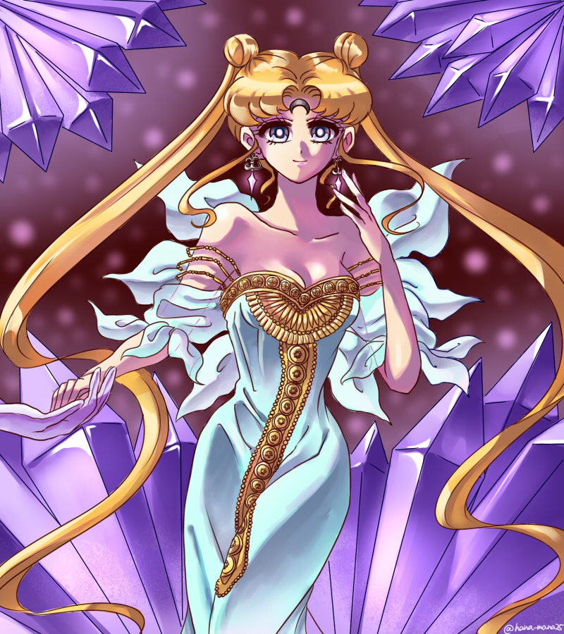 hnt-yuhk-7, neo queen serenity, tsukino usagi, bishoujo senshi sailor moon, bare shoulders, black moon clan, blonde hair, blue eyes, breasts, bright pupils, cleavage, corruption, crescent, crescent facial mark, crystal earrings, dark persona, double bun, dress, earrings, facial mark, forehead mark, gold, hair bun, jewelry, long hair, smile, strapless, strapless dress, twintails, very long hair, white dress, white pupils