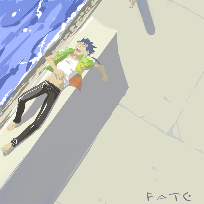 lowkick love association, medori, cu chulainn (aloha shirt) (fate), cu chulainn (fate), cu chulainn (lancer) (fate), fate/stay night, fate (series), 00s, 1boy, lying, male focus, on back, saliva, sleeping, solo, water