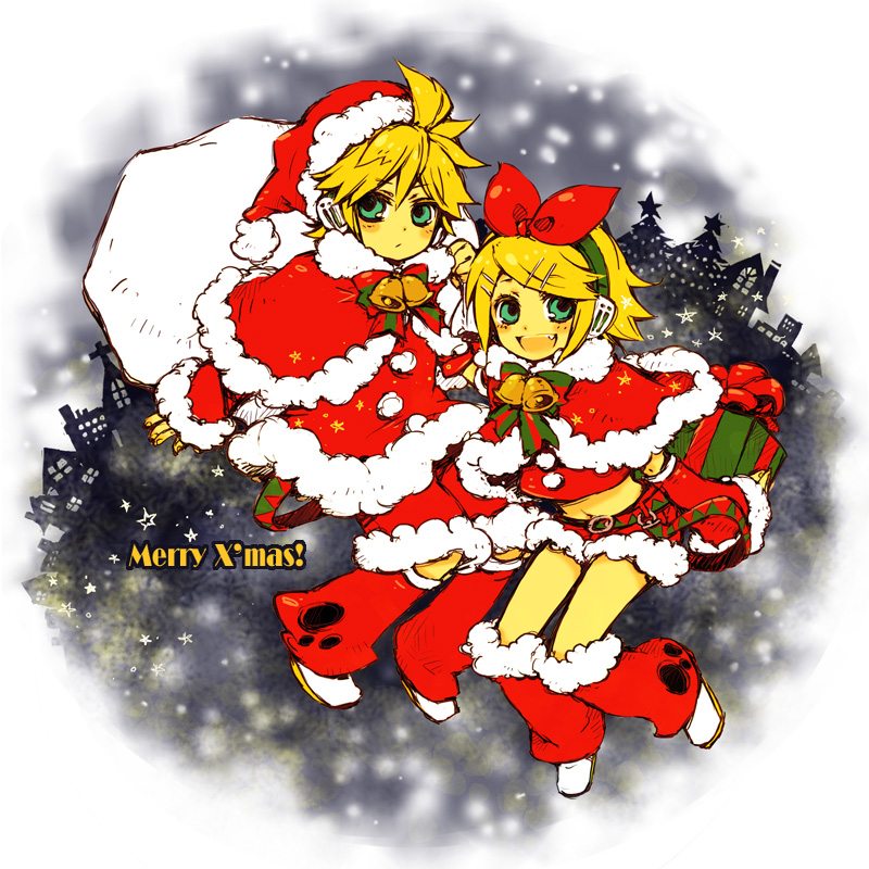 yukkii, kagamine len, kagamine rin, vocaloid, bad id, bad pixiv id, 1boy, 1girl, bell, brother and sister, christmas, gift, hat, santa costume, santa hat, siblings, snow, twins