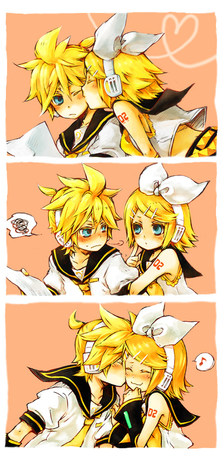 yukkii, kagamine len, kagamine rin, vocaloid, 1boy, 1girl, angry, blonde hair, blue eyes, blush, brother and sister, closed eyes, hetero, kiss, one eye closed, short hair, siblings, twins, wink