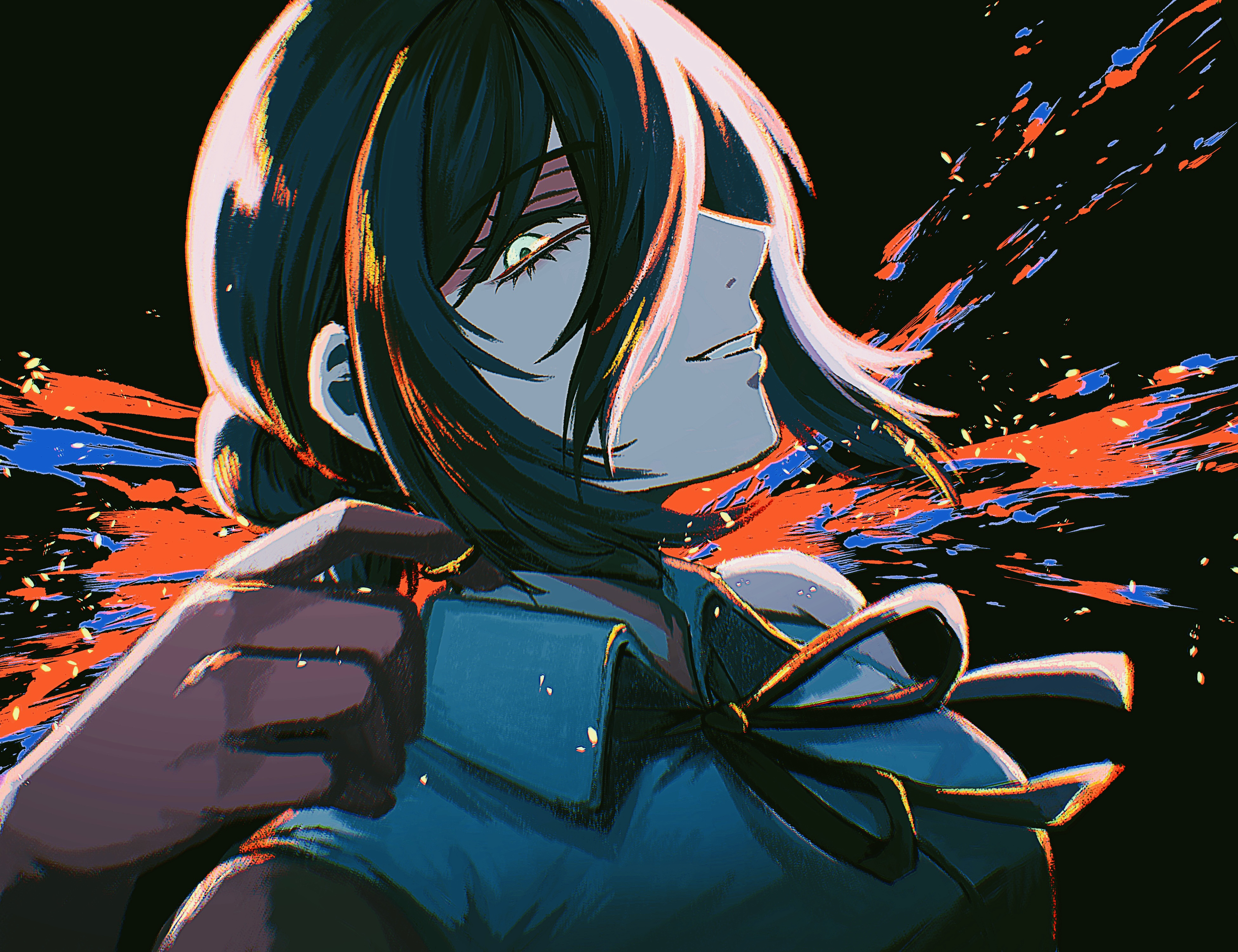 rettou 01, reze (chainsaw man), chainsaw man, absurdres, highres, 1girl, black choker, black hair, black ribbon, blue shirt, choker, collared shirt, green eyes, grenade pin, hair bun, neck ribbon, ribbon, shirt, sleeveless, sleeveless shirt, solo