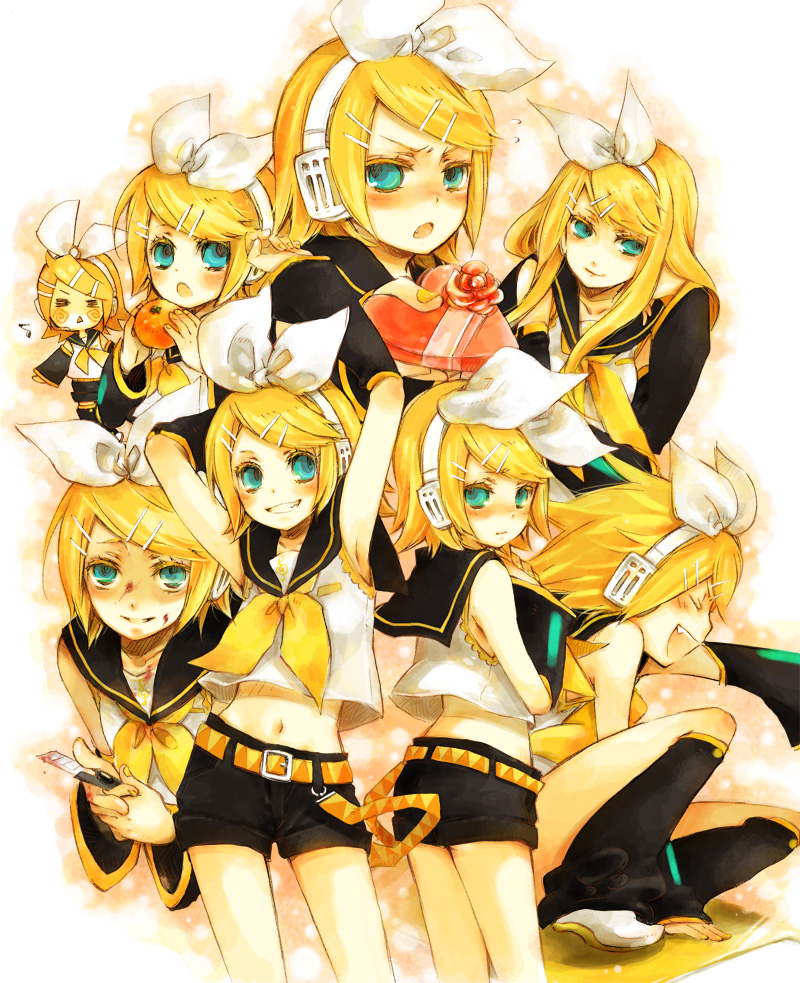yukkii, kagamine rin, vocaloid, 6+girls, armpits, arms up, blood, boxcutter, chibi, clone, food, fruit, gift, laughing, looking back, midriff, multiple girls, orange (fruit), smile, tsundere, yandere