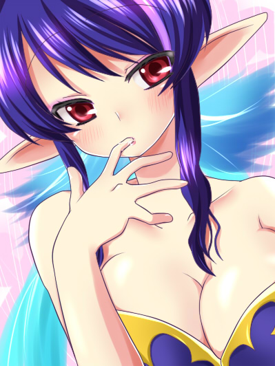 yukito mayumi, judith (tales), tales of (series), tales of vesperia, bad id, bad pixiv id, 00s, 1girl, blue hair, blush, breasts, cleavage, female focus, large breasts, licking, licking finger, long hair, pointy ears, red eyes, saliva, solo