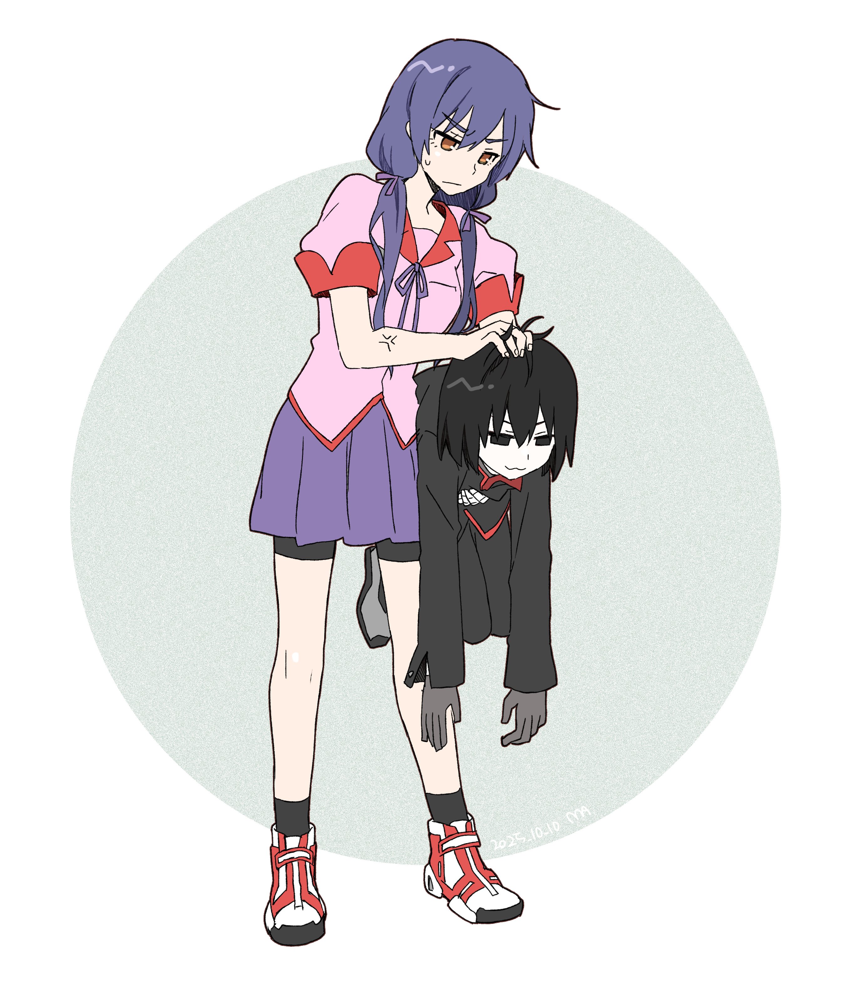 manimani (mani ma), kanbaru suruga, oshino ougi, monogatari (series), absurdres, highres, 1boy, 1girl, :3, black eyes, black hair, black pants, black socks, bob cut, brown eyes, empty eyes, full body, naoetsu high school uniform, narrowed eyes, pale skin, pants, purple skirt, ribbon, school uniform, shirt, shoes, short hair, skirt, socks