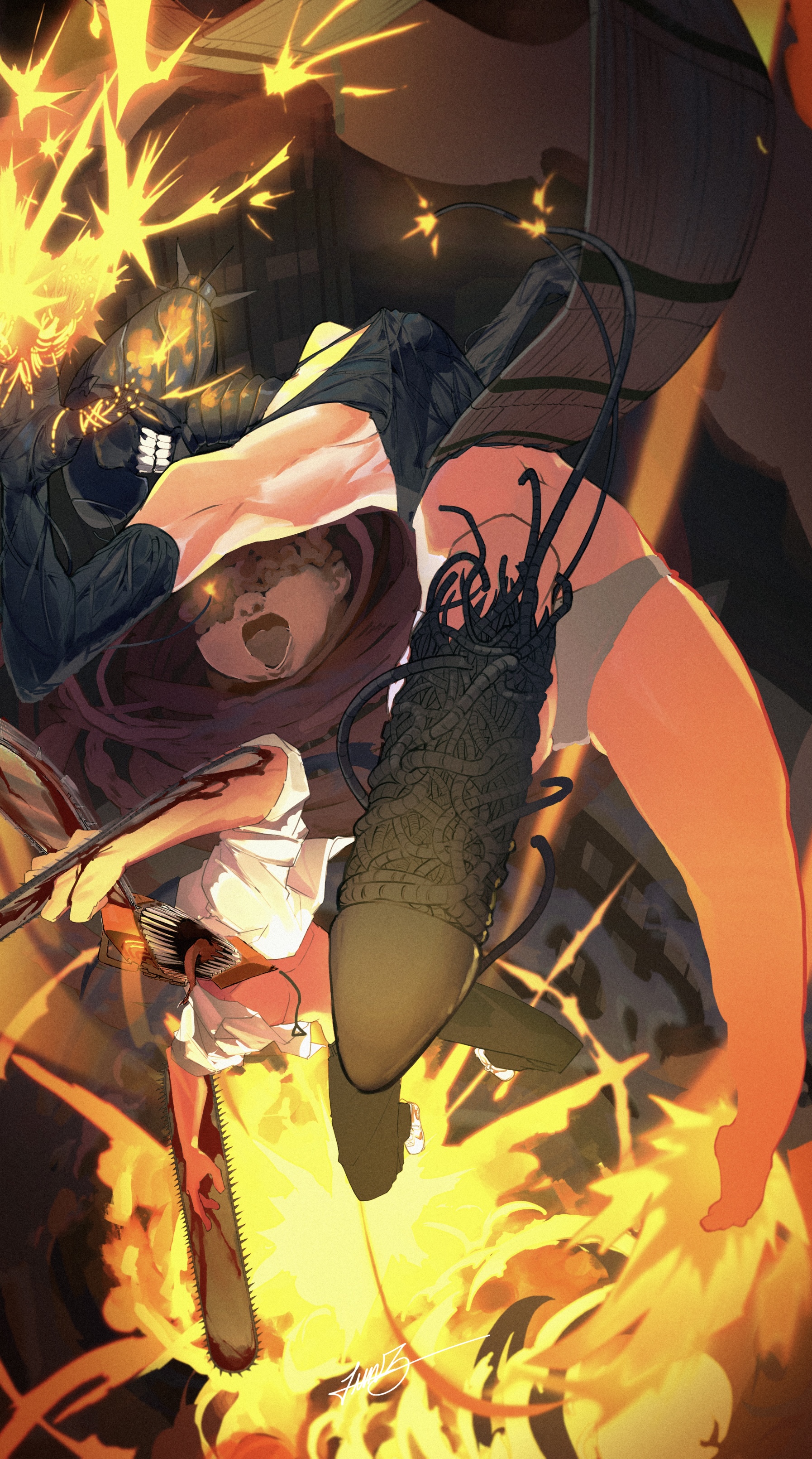 daichim lem, bomb devil (chainsaw man), denji (chainsaw man), typhoon devil (chainsaw man), chainsaw man, absurdres, highres, 1boy, 1girl, alternate form, apron, battle, black apron, black gloves, breasts, chainsaw, dynamite, elbow gloves, explosion, explosive, gloves, grey panties, object head, open mouth, panties, sharp teeth, shirt, sideboob, small breasts, teeth, tongue, tongue out, underwear, white shirt