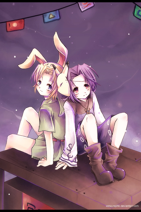 zaphk (artist), kafei, link, young link, nintendo, the legend of zelda, the legend of zelda: majora's mask, bad deviantart id, bad id, 2boys, :3, animal ears, blonde hair, blue eyes, boots, bunny hood (zelda), festival, fox mask, hat, keaton mask, male focus, mask, multiple boys, purple hair, rabbit ears, red eyes
