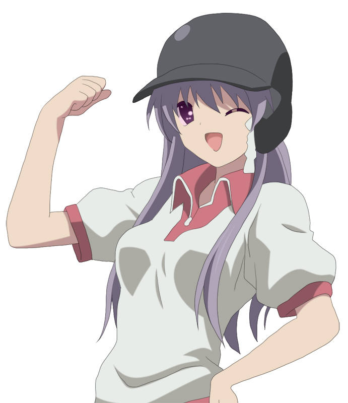 kuresu (alice-pma), fujibayashi kyou, clannad, bad id, bad pixiv id, derivative work, vector trace, 00s, baseball helmet, gym uniform, helmet, long hair, one eye closed, purple eyes, purple hair, wink