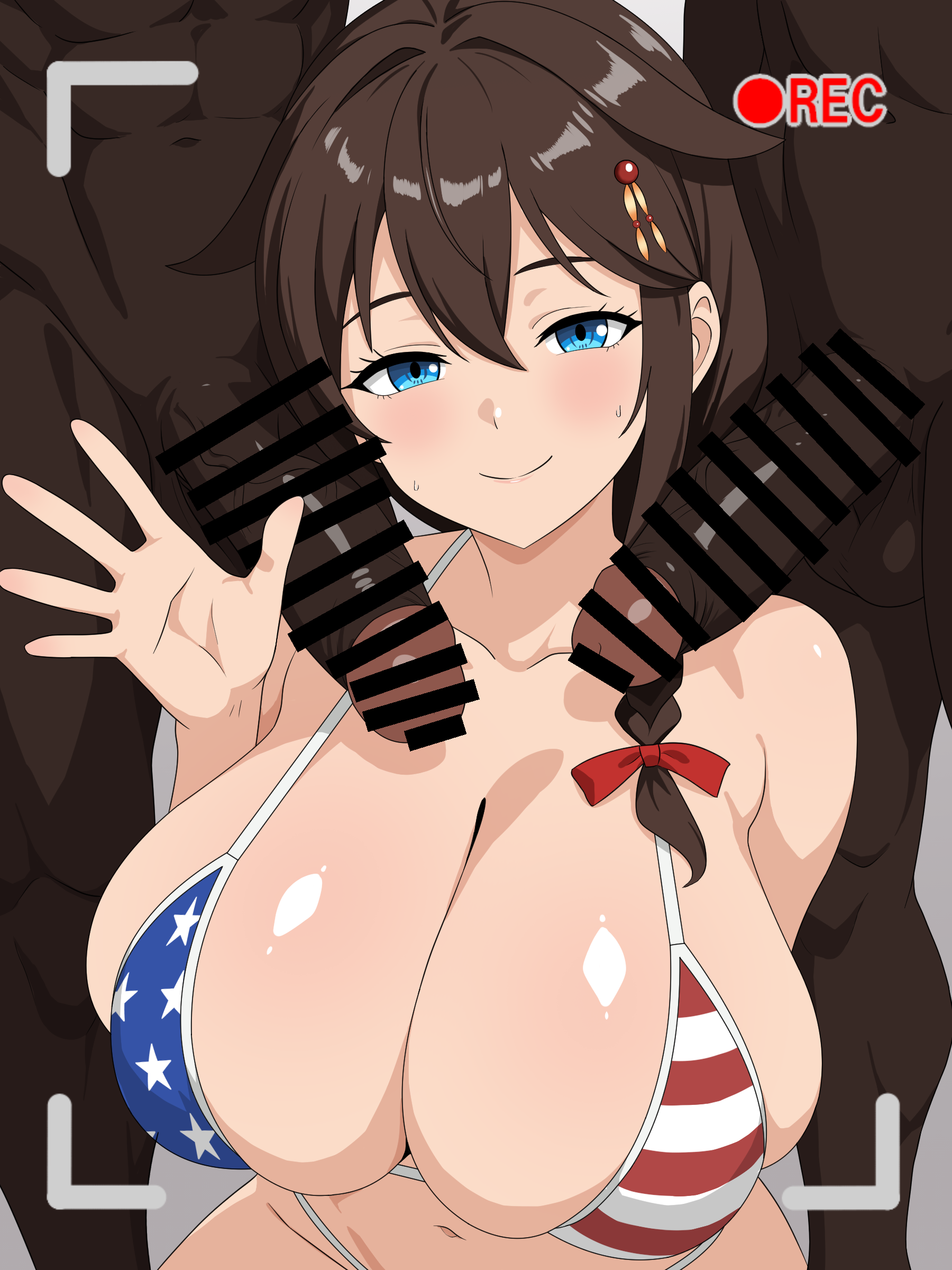 migikoba, shigure (kancolle), kantai collection, absurdres, highres, 1girl, 2boys, american flag, american flag bikini, american flag print, bikini, blue eyes, blush, bow, breasts, brown hair, censored, collarbone, dark-skinned male, dark skin, flag print, flag print bikini, grey background, group sex, hair between eyes, hair bow, hair ornament, huge breasts, interracial, large penis, mmf threesome, multiple boys, penis, print bikini, recording, slingshot swimsuit, swimsuit, threesome, upper body, very dark skin, viewfinder