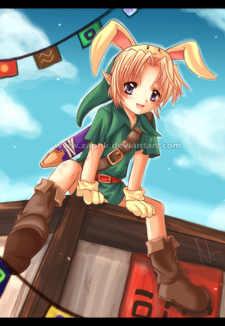 zaphk (artist), link, nintendo, the legend of zelda, 1boy, animal ears, blonde hair, blue eyes, boots, bunny hood (zelda), festival, male focus, pointy ears, rabbit ears, solo, watermark