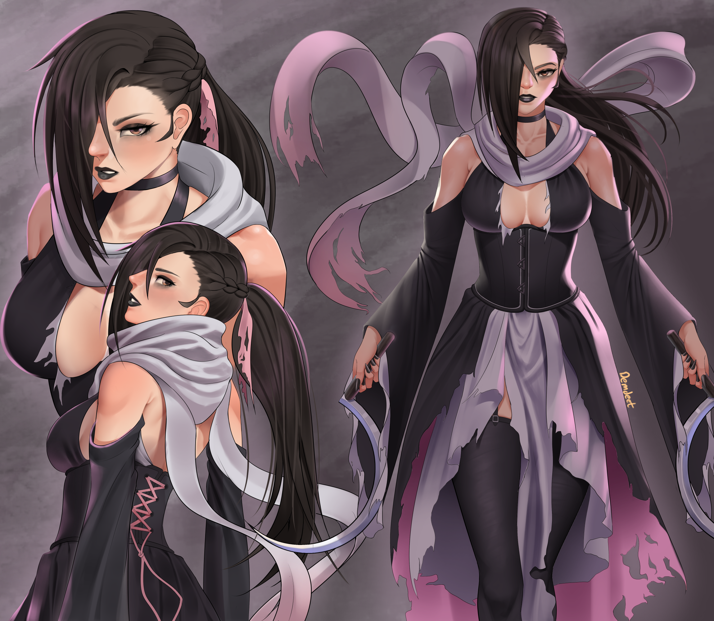demdeet, kagero (fire emblem), fire emblem, fire emblem fates, nintendo, highres, 1girl, alternate costume, back, backless dress, backless outfit, black dress, black eyeshadow, black hair, black lips, braid, breasts, dress, eyeshadow, grey background, grey scarf, hair over one eye, half up braid, halterneck, large breasts, lipstick, long hair, long sleeves, looking at viewer, makeup, multiple views, ponytail, scarf, sickle, solo, torn clothes, torn dress, very long hair