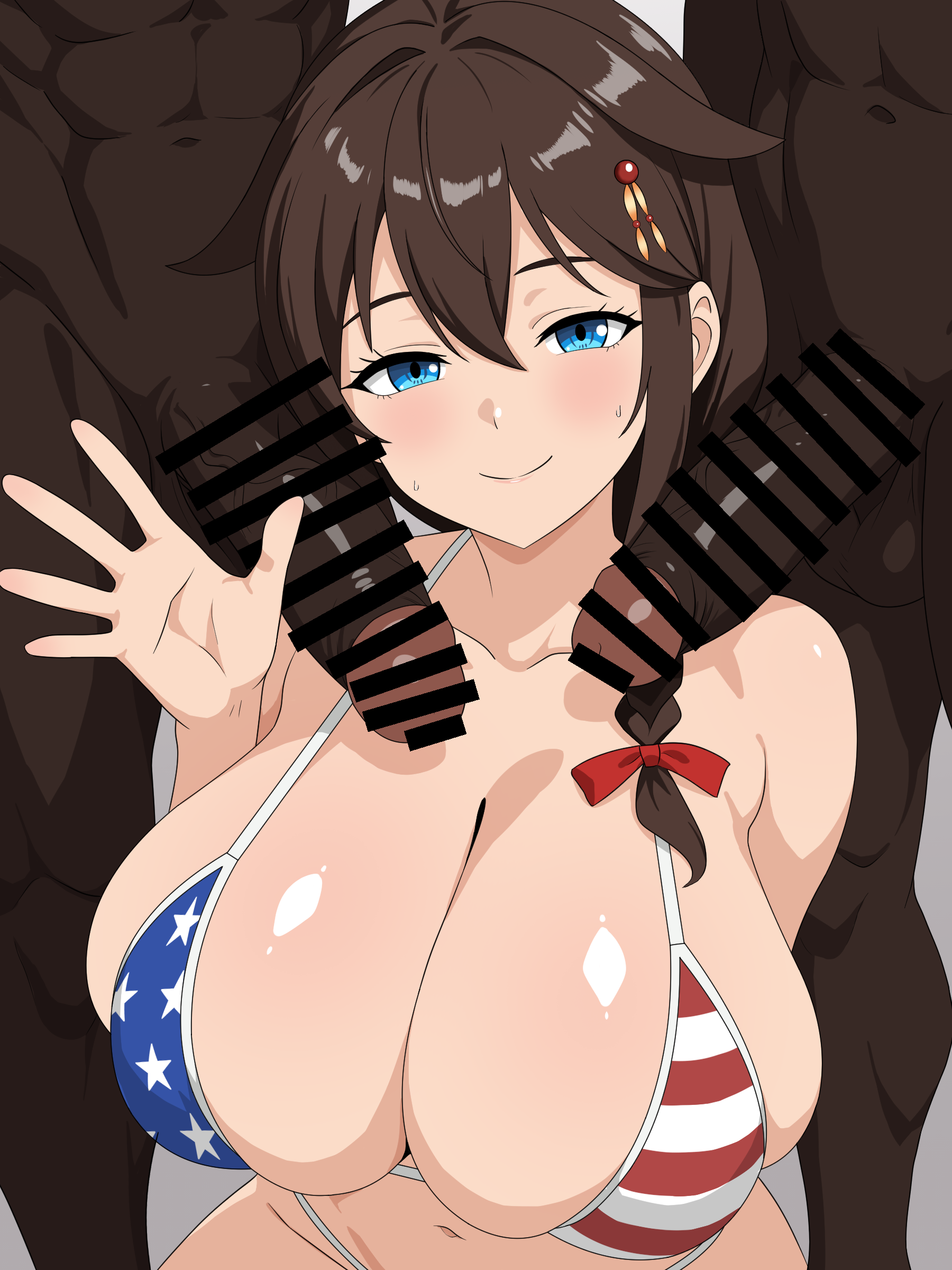 migikoba, shigure (kancolle), kantai collection, absurdres, highres, 1girl, 2boys, alternate breast size (larger), american flag, american flag bikini, american flag print, bikini, blue eyes, blush, bow, breasts, brown hair, censored, collarbone, dark-skinned male, dark skin, flag print, flag print bikini, grey background, group sex, hair between eyes, hair bow, hair ornament, huge breasts, interracial, large penis, mmf threesome, multiple boys, penis, print bikini, slingshot swimsuit, swimsuit, threesome, upper body, very dark skin