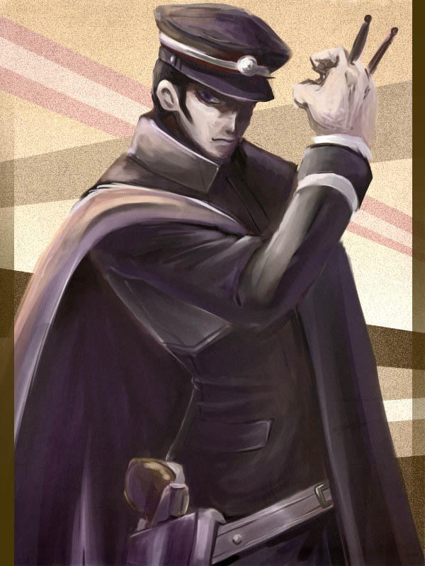 tamago, tamago (artist), tamago (yotsumi works), kuzunoha raidou, devil summoner (series), uniform, 1boy, belt, between fingers, black hair, cloak, gun, handgun, hat, holding, holster, male focus, pistol, serious, solo, standing, weapon