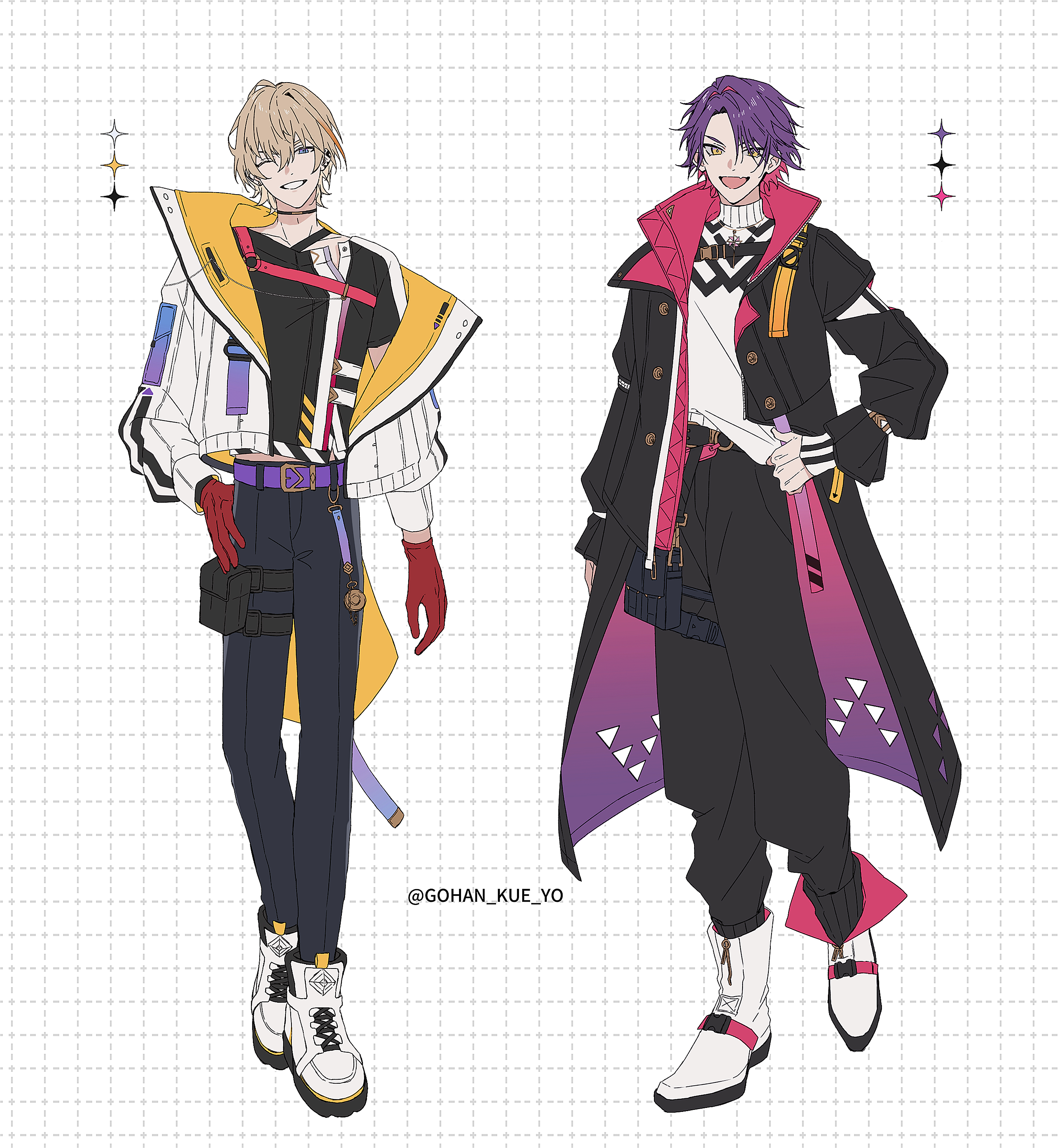 shiba twst 69, fura kanato, watarai hibari, nijisanji, absurdres, commentary request, highres, 2boys, black coat, black pants, black shirt, blonde hair, coat, color guide, full body, gloves, gradient coat, grid background, grin, hair over one eye, hand on own hip, jacket, male focus, multicolored hair, multiple boys, one eye closed, open mouth, orange hair, pants, pink coat, pouch, purple coat, purple eyes, purple hair, red gloves, shirt, shoes, short hair, smile, sneakers, streaked hair, thigh pouch, twitter username, two-sided coat, two-sided fabric, virtual youtuber, white background, white jacket, white shirt, white shoes, yellow eyes