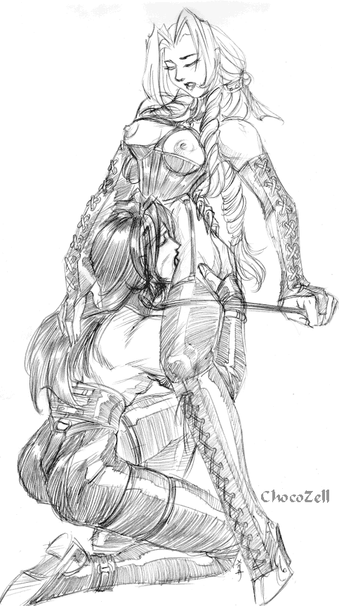 chocozell, aerith gainsborough, vincent valentine, final fantasy, final fantasy vii, 1990s (style), boots, corset, cunnilingus, femdom, greyscale, monochrome, oral, thighhighs, whip