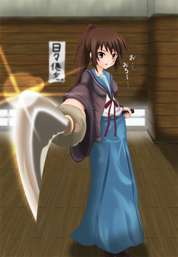 yukihanaok, himura kenshin, kyonko, rurouni kenshin, suzumiya haruhi no yuuutsu, bad id, bad pixiv id, gender request, translated, 1girl, cosplay, female focus, genderswap, himura kenshin (cosplay), katana, ponytail, scar, solo, sword, weapon