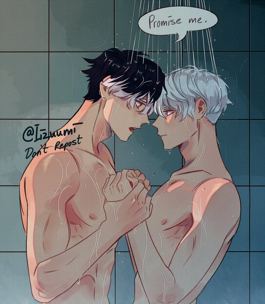 iizuumi, ichikawa reno, narumi gen, kaijuu no. 8, commentary, english commentary, 2boys, black hair, closed mouth, english text, grey hair, holding hands, male focus, multicolored hair, multiple boys, nipples, nude, short hair, showering, speech bubble, twitter username, two-tone hair, upper body, wet, wet clothes, white hair, yaoi
