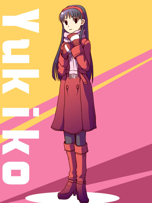 tamago, tamago (artist), tamago (yotsumi works), amagi yukiko, atlus, persona, persona 4, 1girl, black eyes, black hair, black pantyhose, boots, character name, coat, female focus, full body, long sleeves, looking at viewer, pantyhose, scarf, solo, standing, white scarf, winter clothes, winter coat