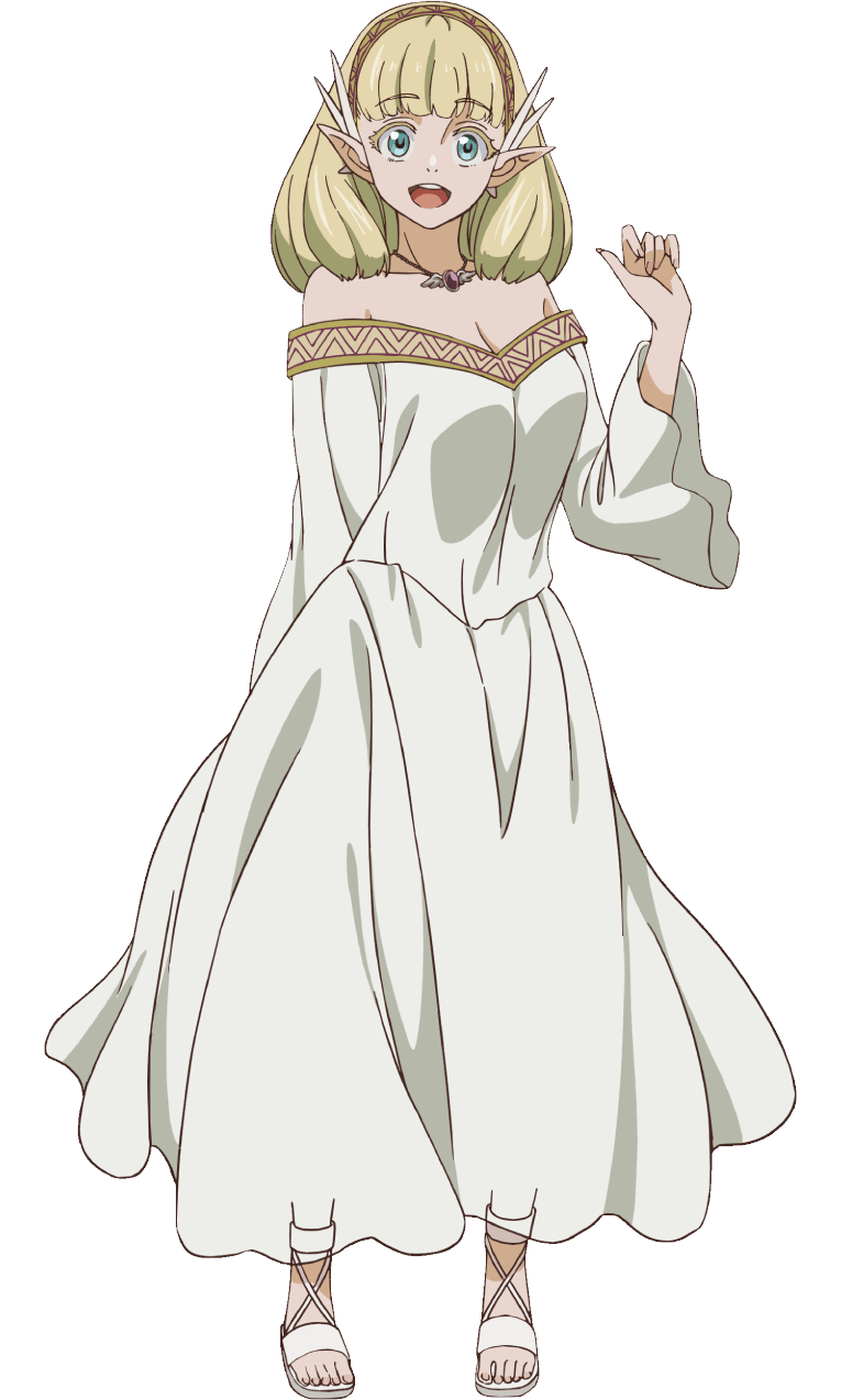 nephrites lomka, kekkon yubiwa monogatari, highres, official art, 1girl, arm up, bare shoulders, blonde hair, blunt bangs, breasts, cleavage, collarbone, dress, elf, female focus, full body, green hair, hair ornament, hairband, jewelry, large breasts, long dress, long skirt, looking at viewer, medium hair, necklace, off-shoulder dress, off shoulder, open mouth, pointy ears, sandals, simple background, skirt, smile, solo, solo focus, teeth, upper teeth only, white background, white dress, white sandals, white skirt, wide sleeves